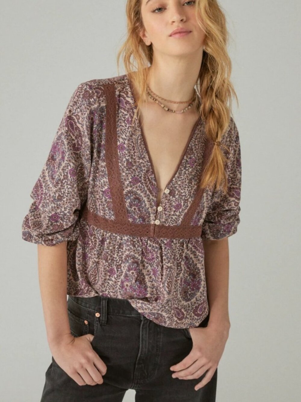 Lucky Brand Boho Paisley V-Neck Peplum Blouse - Purple